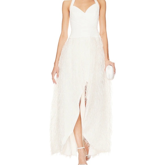 BCBGMAXAZRIA OFF WHITE Feathered Evening Dress in Off White | BRAND NEW | SIZE 2 - Picture 3 of 4